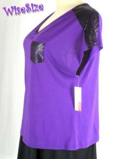 Elle Stretch Jersey Purple Black Sequin Shirt Top 1X 2X  