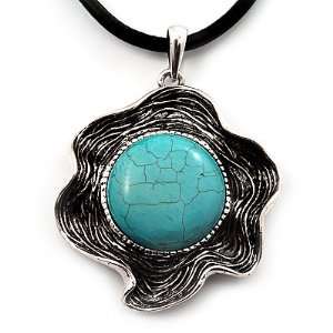  Burn Silver Turquoise Flower Pendant On Leather Cord 