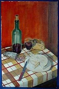 OIL PAINTING COUNTRY FRENCH SUPPER BRIE SAUSAGE WINE  
