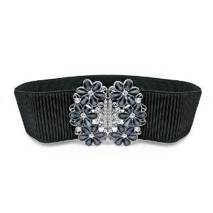 Lady Waist Wide Elastic Fashion Belt Features Diamond Flower Detail 