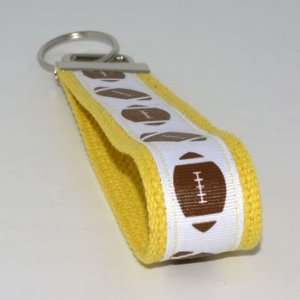 White Footballs 5   Yellow   Fabric Keychain Key Fob Ring Wristlet