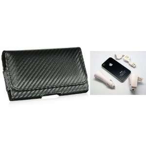 Horizontal Carbon Fiber Fabric Leather Pouch Case Cover & 3in1 Charger 