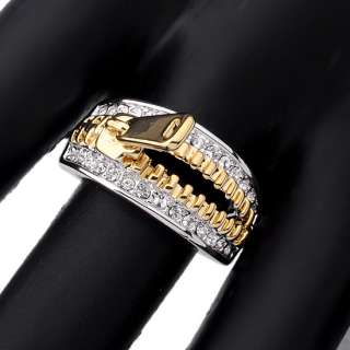 Sparkle Swarovski Crystal 18K GP Gold & Silver Two tone Zipper Ring 