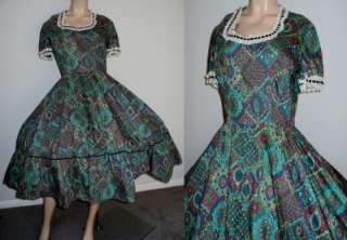 Vtg 1960s 70s Satin Lace Green Square Dance Rockabilly Dress EUC M 
