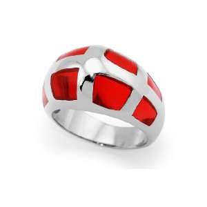  Retro Stainless Steel Womens Ring with red resin inlay 