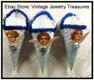 Lot 3 Vintage Style Victorian Paper Cone Ornaments~Lt Blue~Angels 