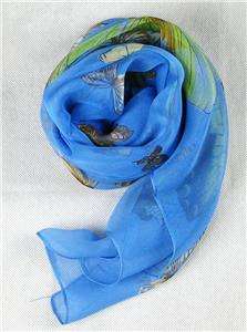 100% Oblong Silk Scarf Art Painting Butterfly Cool blue  