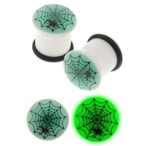  White Acrylic Single Flared Plug with Glow in the Dark Spider Web 