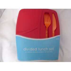  Divided Lunch Set ; Lunchbox, Lid, Fork, Knife Everything 