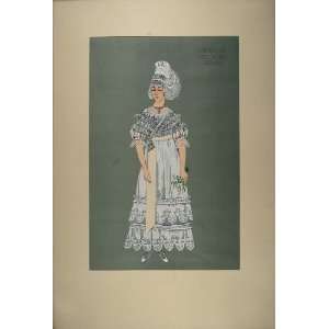 1929 Pochoir Bride Lace Wedding Dress Lieuvin Normandy   Orig. Print 