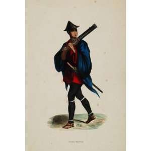 1845 Print Costume Military Japanese Soldier Sword Gun   Hand Colored 
