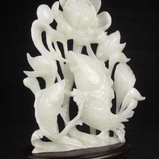 Chinese Hetian Jade Statue   Carp & Lotus NR  