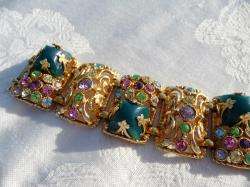   Vintage GREEN GLASS Colorful Rhinestone BRACELET by SELRO Detailed