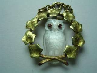 ANTIQUE VICTORIAN CARVED MOONSTONE 14K GOLD OWL NECKLACE PENDANT CHARM 