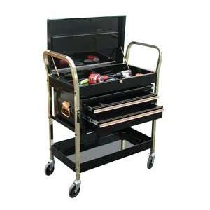   7034 2 Shelf Service Cart with Locking Lid and 2 Drawer Chest   Black