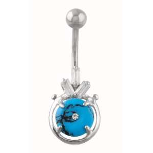    925 Sterling Silver Turquoise Belly Ring with CZ Stones: Jewelry
