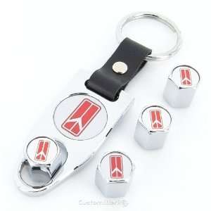   Style Red Logo Chrome Tire Valve Caps + Wrench Keychain Automotive