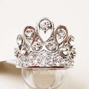 New Rhodium Overlay QUEENS CROWN Crystals Ring 7,8,R124  