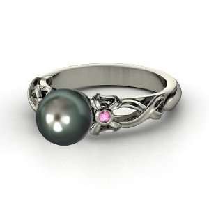   Ribbon Ring, Tahitian Cultured Pearl Palladium Ring with Pink Sapphire