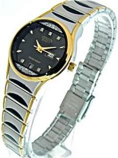 NEW CITIZEN LADIES WATCH TWO TONE BAND BLACK DIAL WITH RHINE STONS 