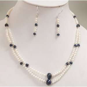 Strands Elegant Natural Fresh Water Pearl & Sapphire Beaded Necklace 