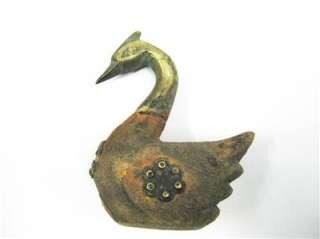 ANTIQUE DUCK , BRASS / WOOD PAINTED . DECORATED MINIATURE  