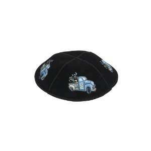  16 cm black suede childrens kippah with Hebrew letters 