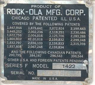 Rock ola 1422 # 82966 serial number identification plate or tag  