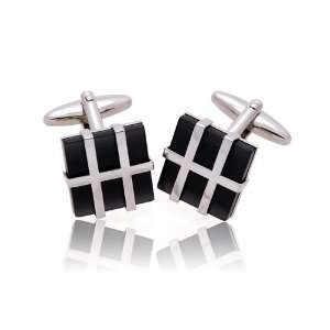  Modern Cross Silver Checkbox Cufflinks , BLACK Jewelry
