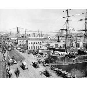 New York Harbor South Street and View of the Brooklyn Bridge Circa 