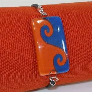  Rectangular Glass Bracelet   Orange and Blue Wave