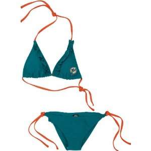  Miami Dolphins Womens TAqua Ruffled String Bikini: Sports 