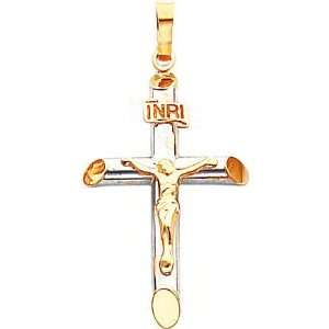  14K Two Tone Gold INRI Crucifix Pendant: Jewelry