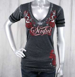 AFFLICTION Sinful womens LOLA T shirt love & pride roses burnout 