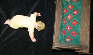 ANTIQUE BABY JESUS NATIVITY DOLL SANTOS WOOD CRIB and CHRISTMAS QUILT 