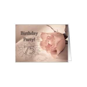  75 Birthday party invitation. A pale pink rose on a 