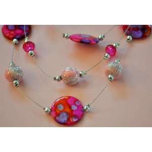  Light Pink Balls and Hot Pink Rhinestones Layered Necklace 