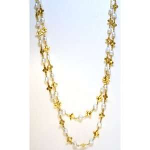   18k Gold Plated Flower and White Pearl Link Long Layering Necklace
