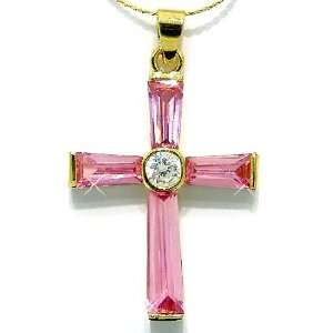 Gorgeous Cross Cut Gold Plated Simulated Pink Sapphire Pendant with 18 