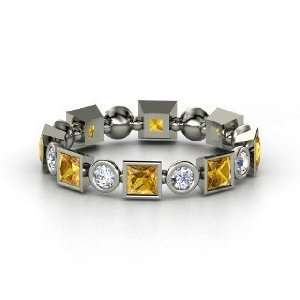  Geometric Band, 14K White Gold Ring with Citrine & Diamond 