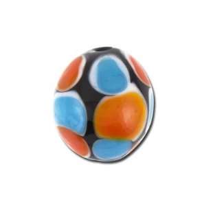  16mm Black with Orange and Turquoise Dots Barrel Lampwork Bead 