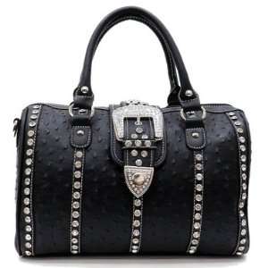  Faux Ostrich Leather BLACK Handbag Purse Studded DESIGNER 