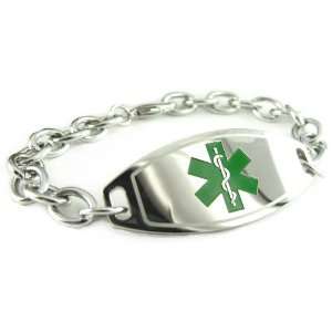   Steel Medical ID Bracelet, Green Symbol, O LINK Chain   Free ID Card