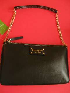 kate spade ♠ BLACK LEATHER SHOULDER BAG gold chain handbag purse 