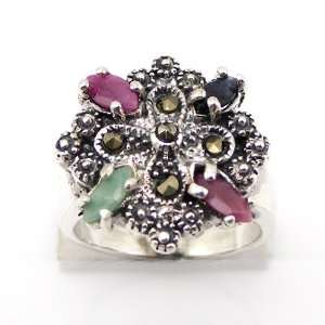    11.05g Genuine Ruby Sapphire Emerald Marcasite Ring Sz7: Jewelry