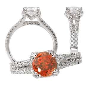   round Chatham padparadscha color #3 engagement ring with v shaped halo