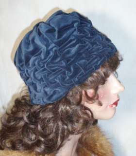 Vintage 20s Ruched Blue Velvet Flapper Cloche Hat  