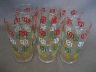 Vintage* 50s ICED TEA GLASSES SET OF 6 RED, WHITE, GREEN & YELLOW 