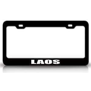 LAOS Country Steel Auto License Plate Frame Tag Holder, Black/White