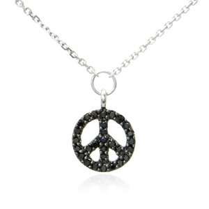   14K White Gold Peace Sign Black Diamond Pendant w/ Necklace: Jewelry